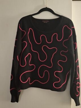 Fontana Women's Black Sweater with Pink Abstract Trim